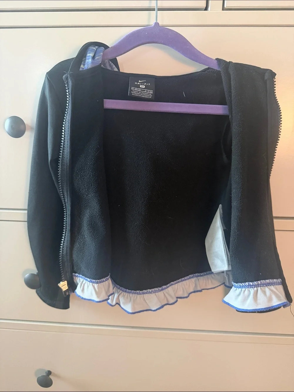 Nike Black Hoodie with Purple Swoosh and Blue/Purple Ruffle along the Bottom